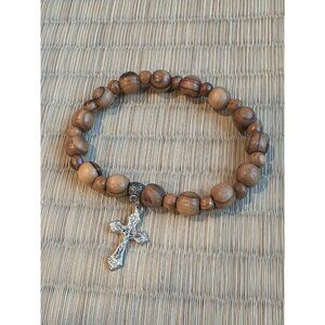 Wooden Beaded Bracelet With Cross Pendant